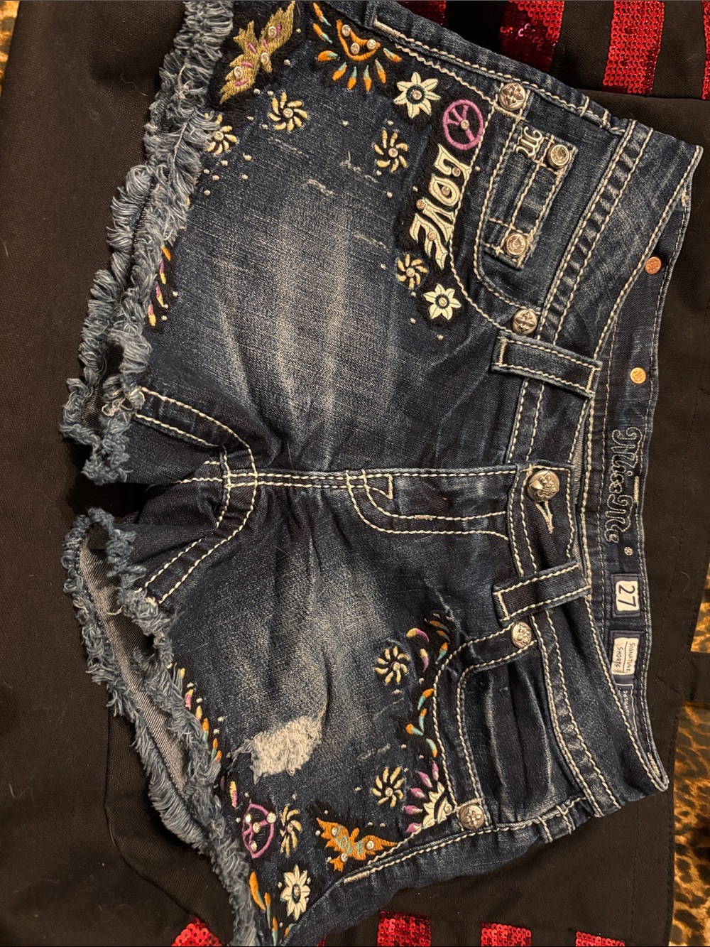 Miss Me Dark Blue Embroidered Distressed Jean Shorts